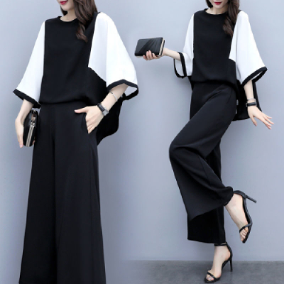 2021 new women's wear spring and summer two piece suit splicing loose top wide leg pants leisure fashion suit women's large
