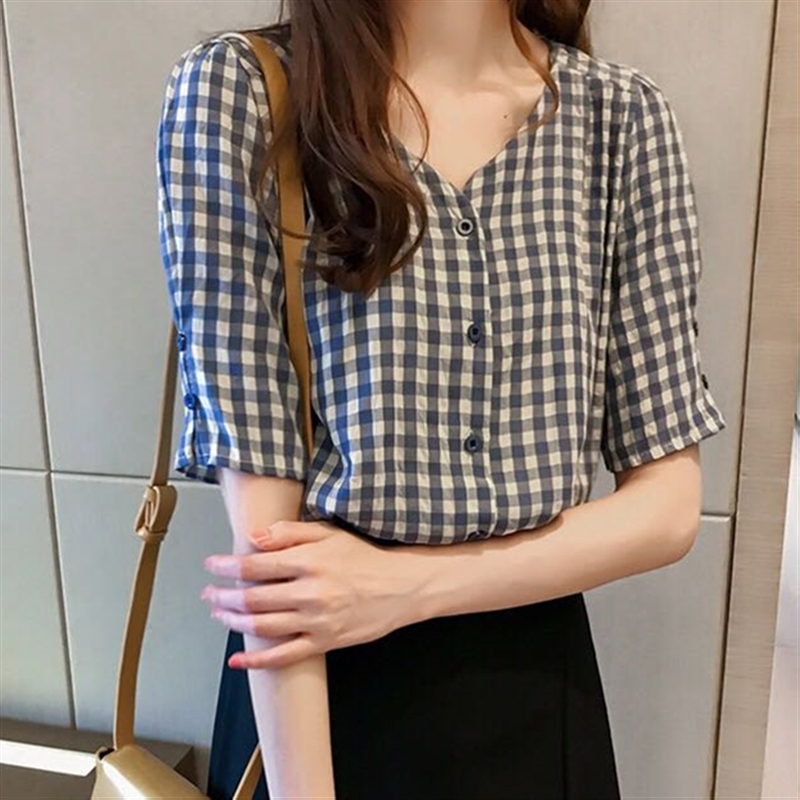 Official figure fiber collar Plaid Shirt women's design sense minority bubble sleeve short sleeve