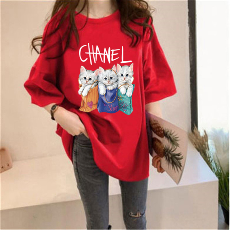 Guantuke double ground milk silk summer T-shirt short sleeve student lazy printing medium long T-shirt