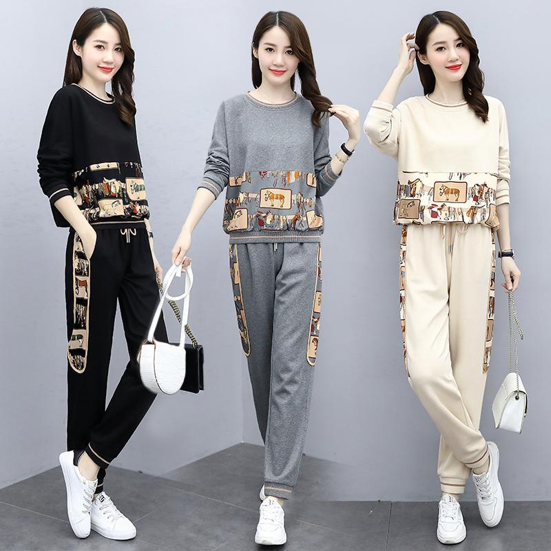 2021 spring and autumn women's Large Print Long Sleeve loose legged harem 2-piece leisure sports suit