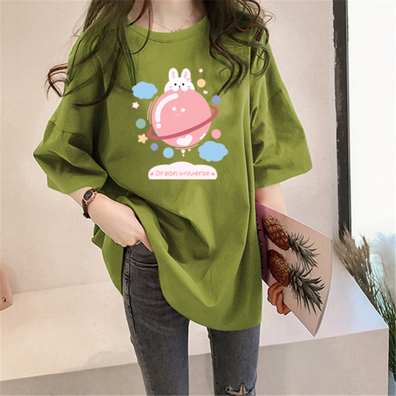 Guantuke double ground milk silk summer T-shirt short sleeve student lazy printing medium long T-shirt