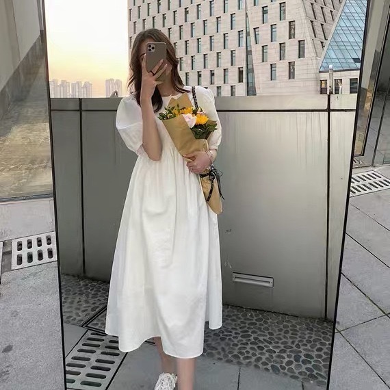 Bubble sleeve dress female Xia Xiaozi covers belly, loose and thin long skirt, ankle student, Xianqi super xiansen Department