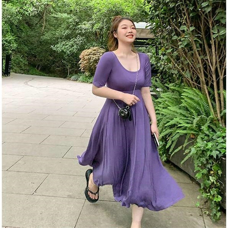 2021 purple dress women's large size short sleeve medium length close waist slim loose version fat mm skirt