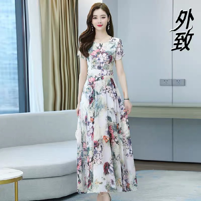 New women's short sleeve printed ice silk dress French retro feminine elegant beach skirt