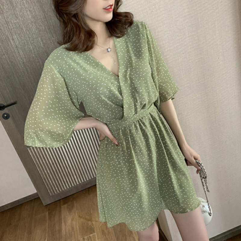Retro chiffon dress for women's 2021 summer new V-neck waist slim lace up Polka Dot Dress