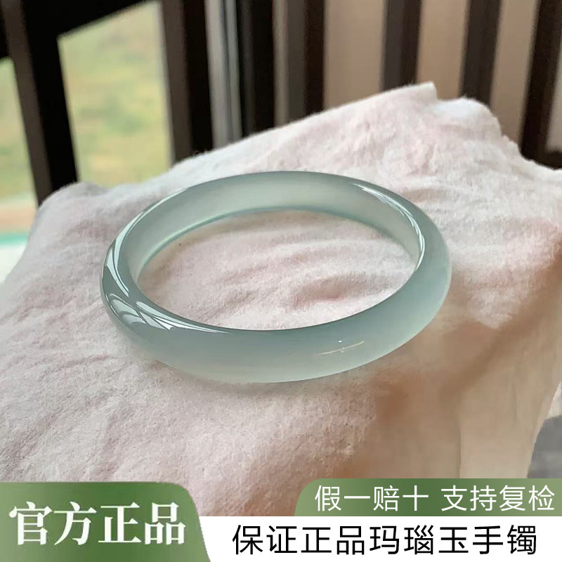 天然正品A货浅油青玉髓手镯高冰种玛瑙玉手镯玉镯子女款带证书