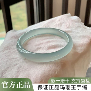 天然正品A货浅油青玉髓手镯高冰种玛瑙玉手镯玉镯子女款带证书