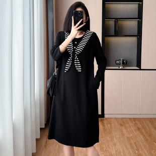 韩系时尚 连衣裙女2025秋冬条纹披肩气质减龄显瘦百搭裙子 休闲大码