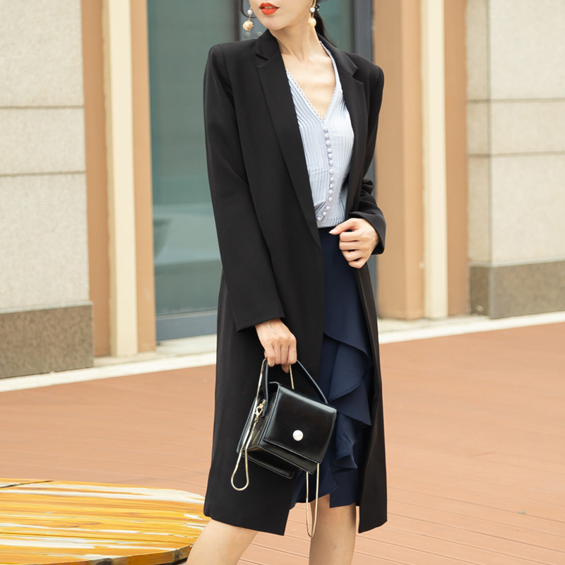 黑色风衣外套女中长款2023春秋季日系风收腰显瘦过膝赫本休闲西装