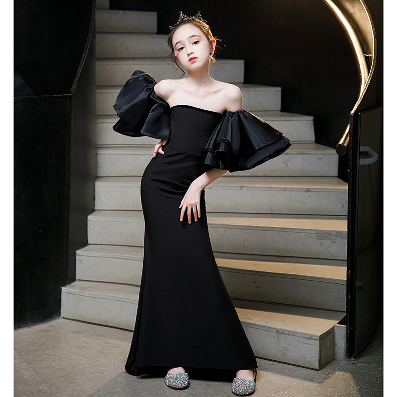 高端女童修身连衣裙包臀礼服中大儿童模特走秀演出服主持人气质黑