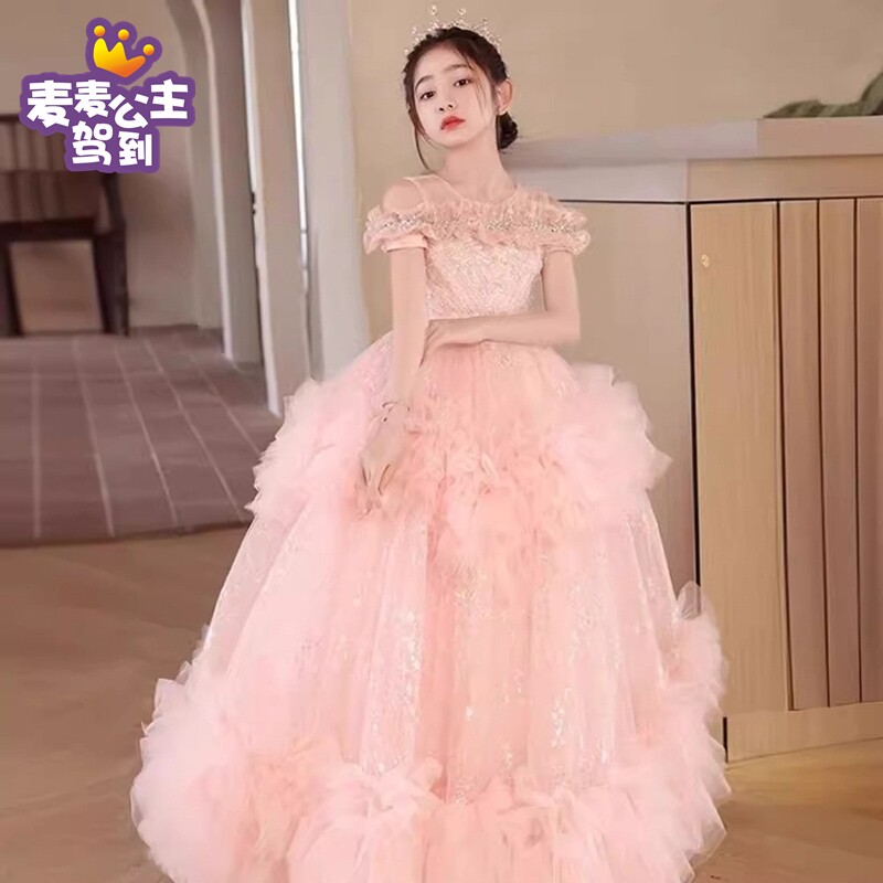 粉色女童礼服儿童生日公主蓬蓬裙图片