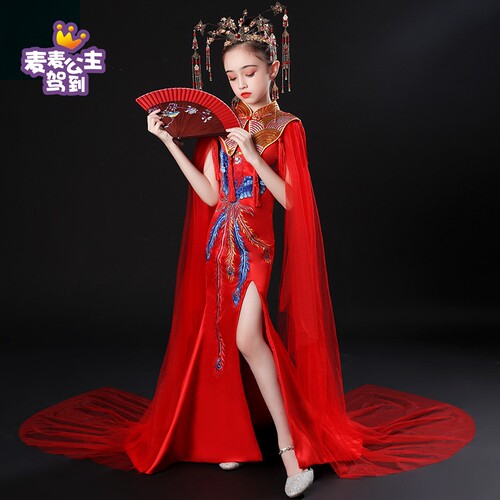 女童修身鱼尾连衣裙中国风霸气
