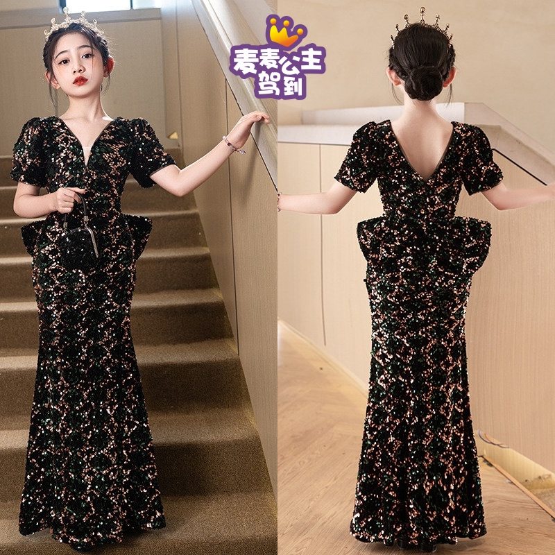 儿童礼服连衣裙新款黑色亮片修身