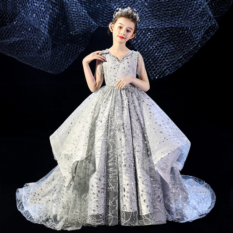 高端重工晚礼服女童银色连衣裙拖尾公主裙中大童钢琴演奏生日主持,童装/婴儿装/亲子装,连衣裙,淘宝优惠券,粉丝福利购,淘宝优惠卷