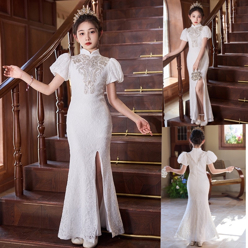 女童改良旗袍蕾丝礼服连衣裙国风