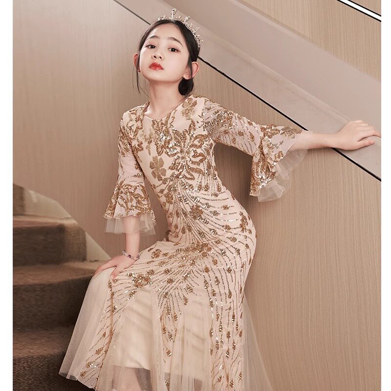 女童包臀连衣裙儿童公主裙鱼尾裙模特走秀主持钢琴演奏青少年大码
