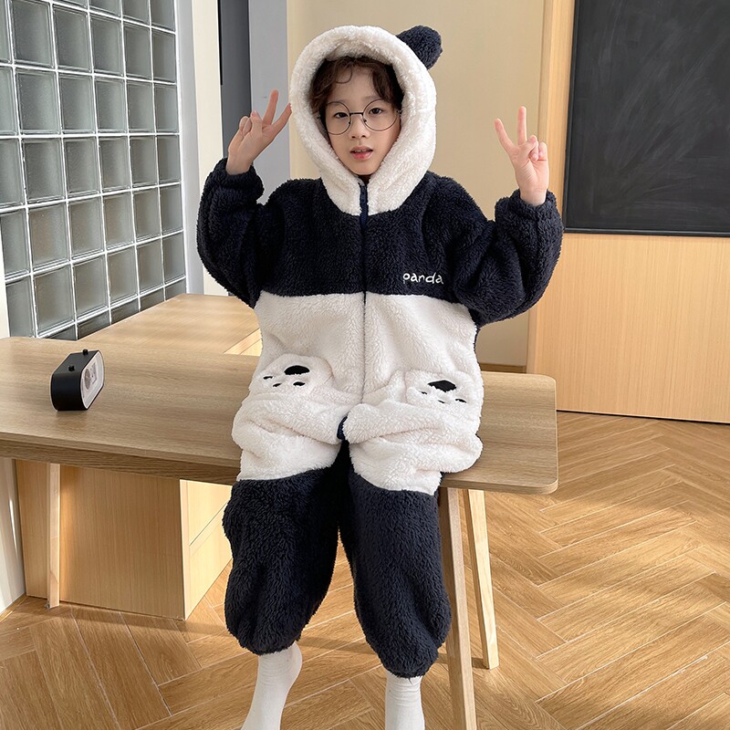 儿童秋冬季连体珊瑚绒熊猫睡衣女孩宝宝哈衣法兰绒男童爬服睡袋萌