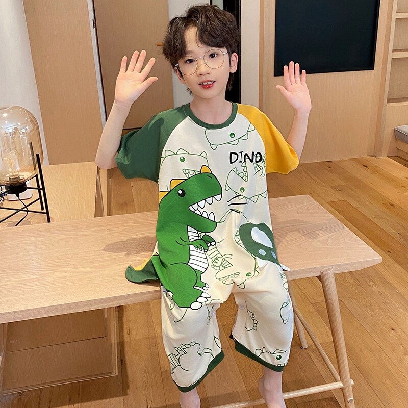 恐龙儿童连体睡衣男童夏季纯棉短袖男孩空调防踢连体衣宝宝家居服