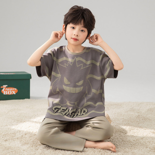 宝可梦夏装男童睡衣短袖长裤纯棉中大童套装儿童青少年空调家居服