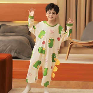 恐龙儿童连体睡衣春秋款男童连身100%全棉睡袋中大童可如厕家居服