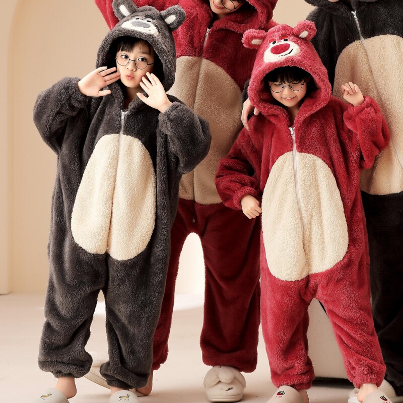 卡通熊儿童连体睡衣男童秋冬季珊瑚绒女孩宝宝家居服法兰绒睡袋萌