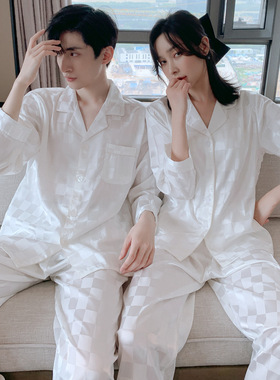 白色睡衣女秋季套装冰丝绸情侣款春秋款长袖男衬衫2025新款高级感