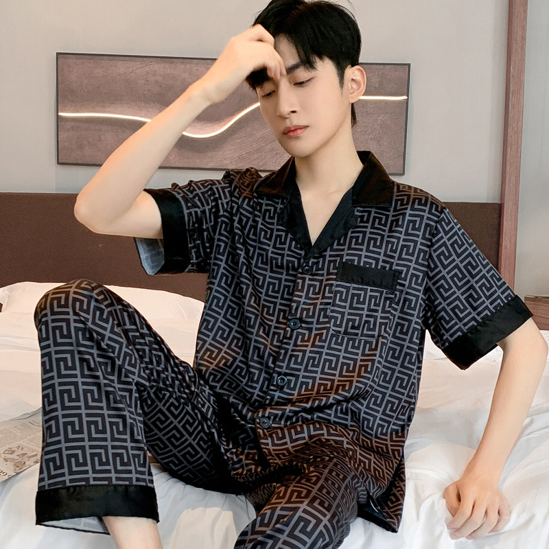 男士睡衣夏季冰丝2025新款短袖中年男款高档夏款薄款丝绸套装夏天