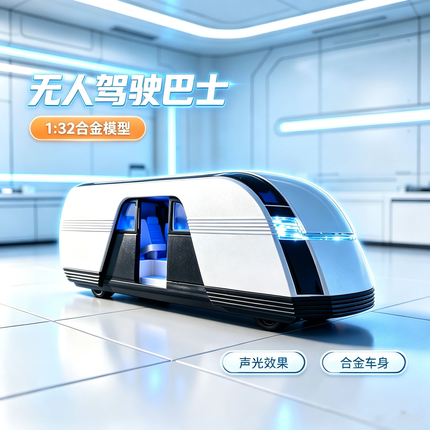 无人驾驶巴士模型1/32合金声光回力玩具侧滑门仿真公交车出租大巴