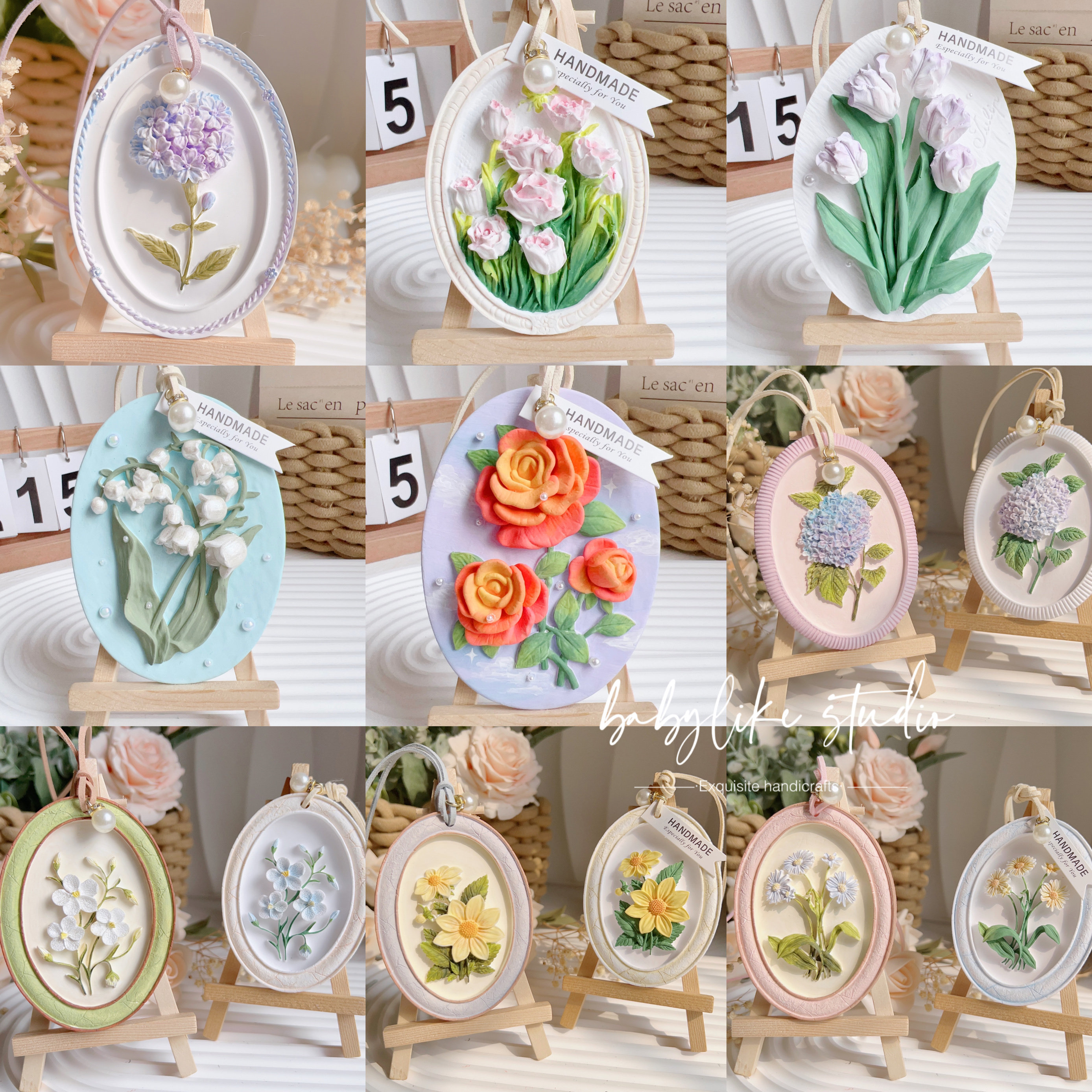 石膏浮雕花朵香薰花牌郁金香桌面摆件白胚diy涂色手工团建活动