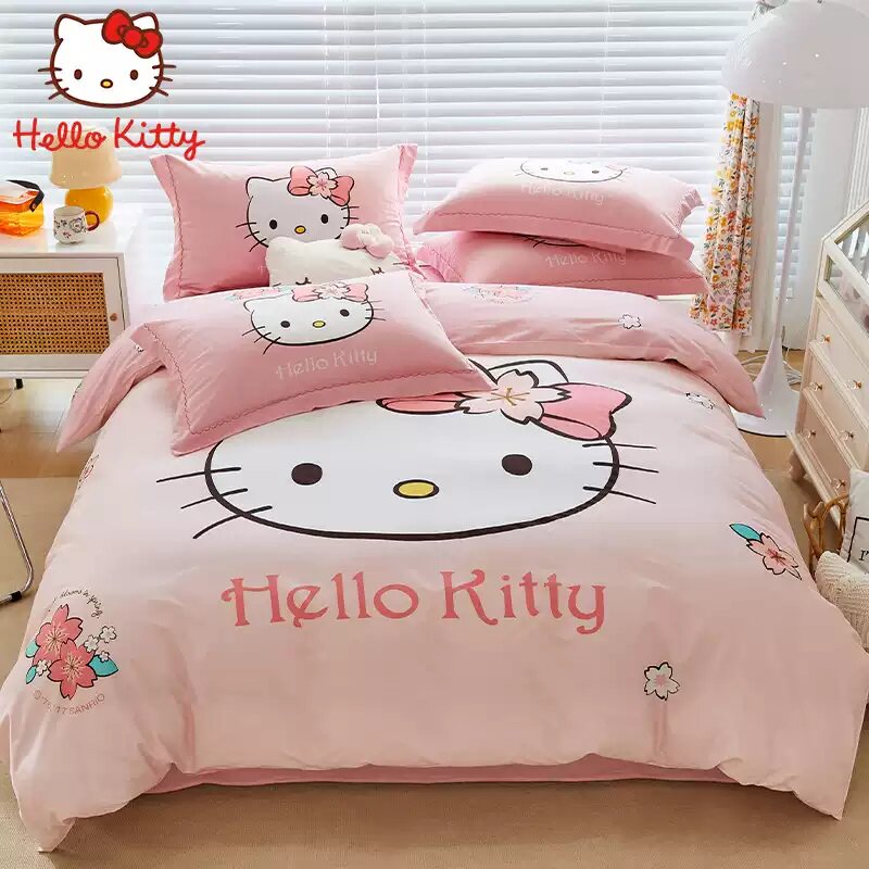 凯蒂猫hellokitty床上四件套儿童纯棉全棉女孩床单被套公主三件套