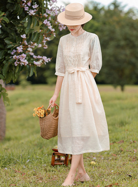 高端苎麻连衣裙2026春夏新款法式温柔风灯笼袖宽松系带收腰A字裙