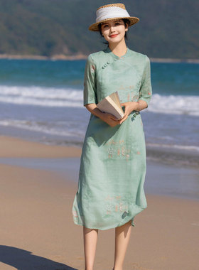 新中式国风刺绣连衣裙女2024夏季新款高端复古苎麻改良旗袍中长款