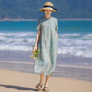 中国风重工刺绣楼阁苎麻连衣裙 新款 高端新中式 改良旗袍女2025夏季