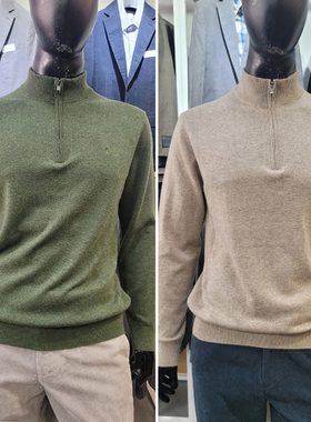 2025冬装新款OLZEN浅米色绿色羊毛羊绒混纺半拉链立领长袖针织衫