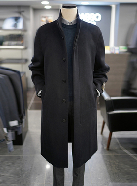0301冬季新款BASSO黑色纯色立领羊毛混纺单排扣长款毛呢大衣男