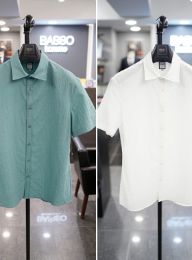 0520夏款BASSO白色薄荷绿色泡泡纱男士商务休闲短袖衬衫2色