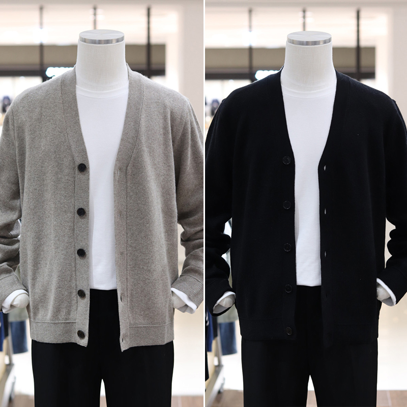 米色羊绒真丝混纺V领针织开衫