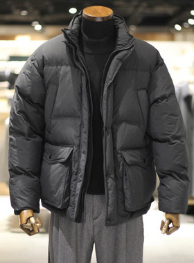 2025年冬季新款BON黑色立领隐形连帽短款防寒服休闲风鹅绒羽绒服Q