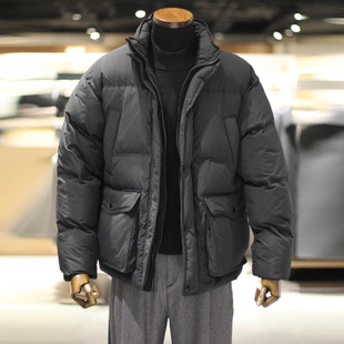 2025年冬季新款BON黑色立领隐形连帽短款防寒服休闲风鹅绒羽绒服Q