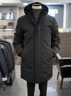 2025年冬季新款BASSO黑色可拆卸貂毛帽子鹅绒中长款派克羽绒服Q