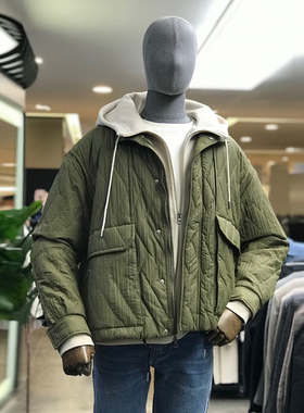 0101秋款48折特价Liberclassy卡其绿色立领褶皱绗缝宽松夹克外套