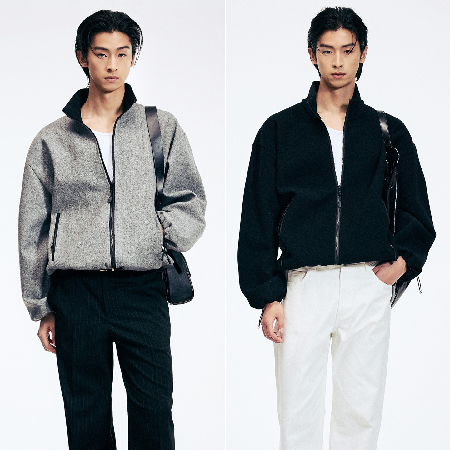 2026年春季新款TNGT韩版男青年灰色立领双向拉链抓绒夹克外套