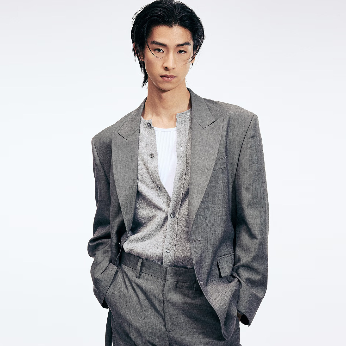 2026年春夏新款TNGT意大利进口面料灰色纯羊毛宽松休闲西服上衣男