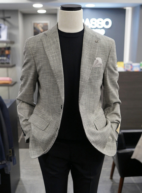 0305春款BASSO灰色小格纹微弹力男士羊毛混纺休闲西服上衣