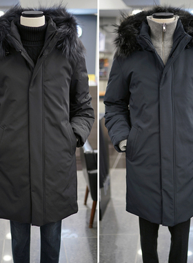 0101冬BASSO黑色可拆卸狐狸毛领收腰连帽加厚中长款鹅绒羽绒服