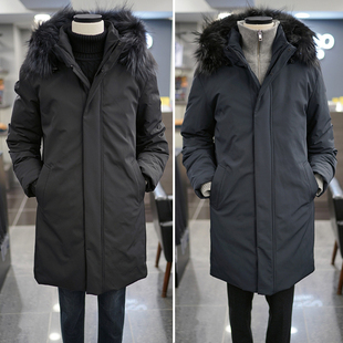 0130冬BASSO黑色可拆卸狐狸毛领收腰连帽加厚中长款鹅绒羽绒服