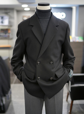 0130冬款BASSO黑色纯色羊毛混纺弹力宽松休闲西服上衣男士