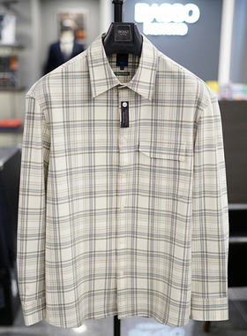 0101秋款BASSO韩版男士乳白色格纹口袋休闲宽松长袖衬衫