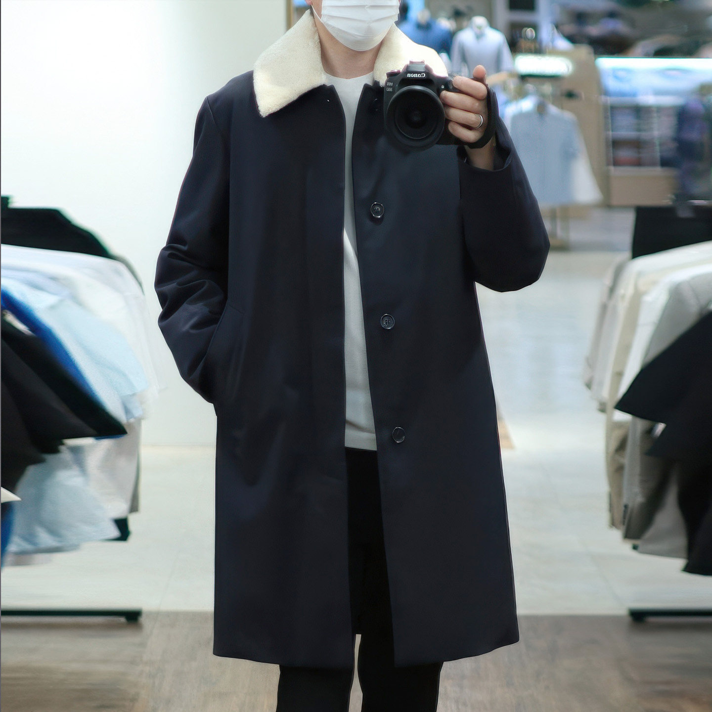 $国内现货180码冬T.I FOR MEN深蓝色拆卸毛领中长款鹅绒羽绒服男