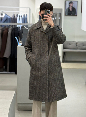 0120冬装55折特价Liberclassy棕色人字纹羊毛宽松休闲毛呢大衣男